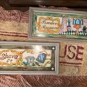Primitive Powder Room & Shave Wall Art - Green, Yellow, Cream, Brown